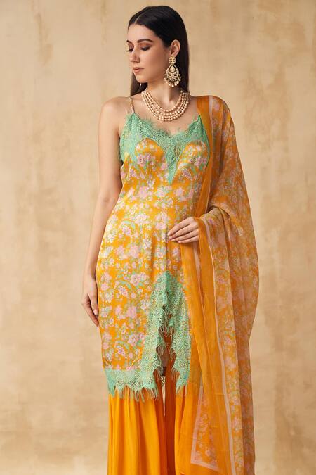 SAKSHI GIRRI_Yellow Satin, Crepe And Organza Floral Straight Printed Kurta Sharara Set_at_Aza_Fashions