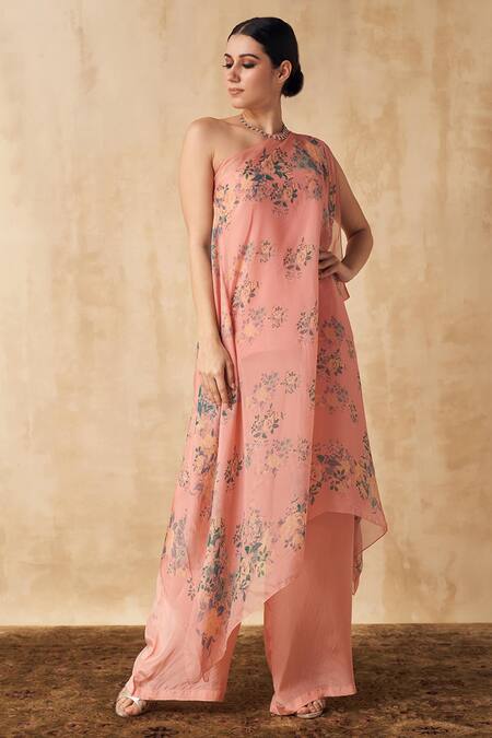 Buy_SAKSHI GIRRI_Peach Organza, Crepe Floral Asymmetric Printed Tunic And Palazzo Set_Online_at_Aza_Fashions