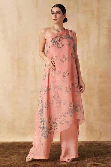 Shop_SAKSHI GIRRI_Peach Organza, Crepe Floral Asymmetric Printed Tunic And Palazzo Set_Online_at_Aza_Fashions