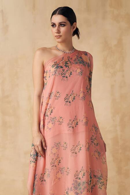 SAKSHI GIRRI_Peach Organza, Crepe Floral Asymmetric Printed Tunic And Palazzo Set_at_Aza_Fashions