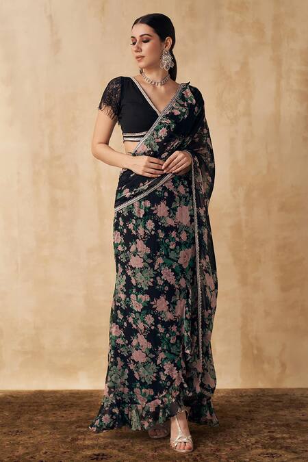 SAKSHI GIRRI_Black Organza, Cotton Modal Lycra Floral V Neck Pre-draped Saree With Blouse_Online_at_Aza_Fashions