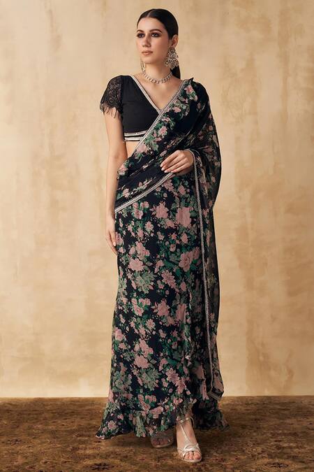 Buy_SAKSHI GIRRI_Black Organza, Cotton Modal Lycra Floral V Neck Pre-draped Saree With Blouse_Online_at_Aza_Fashions