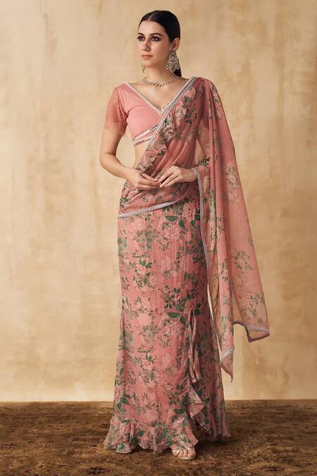 Buy_SAKSHI GIRRI_Peach Organza, Cotton Modal Lycra Floral V Neck Pre-draped Saree With Blouse_Online_at_Aza_Fashions