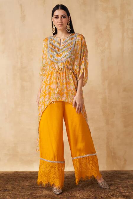 SAKSHI GIRRI_Yellow Crepe, Chiffon Floral Notched Printed Kaftan And Palazzo Set_Online_at_Aza_Fashions