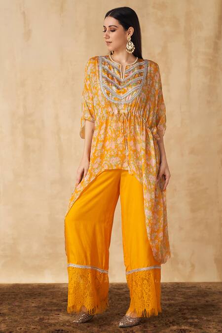 Buy_SAKSHI GIRRI_Yellow Crepe, Chiffon Floral Notched Printed Kaftan And Palazzo Set_Online_at_Aza_Fashions