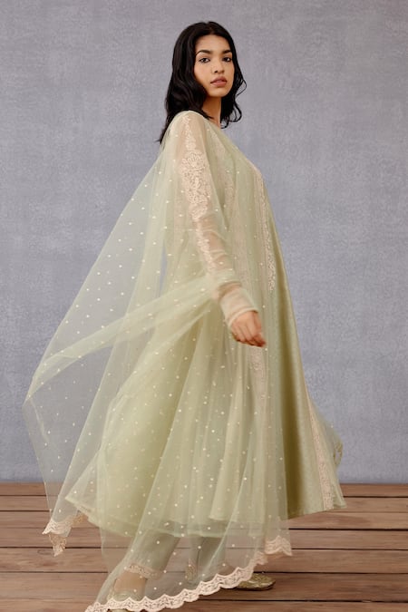 Torani_Green Cotton Voile Dupatta Butterfly Net, Handwoven Jaituni Aarna Ghera Set _Online_at_Aza_Fashions