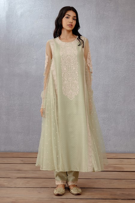 Buy_Torani_Green Cotton Voile Dupatta Butterfly Net, Handwoven Jaituni Aarna Ghera Set _Online_at_Aza_Fashions