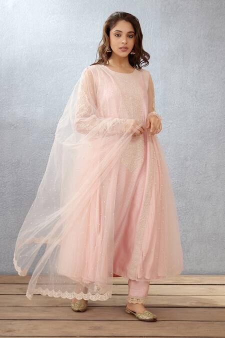 Buy_Torani_Pink Cotton Voile Dupatta Butterfly Net, Handwoven Kaner Aarna Ghera Set _Online_at_Aza_Fashions