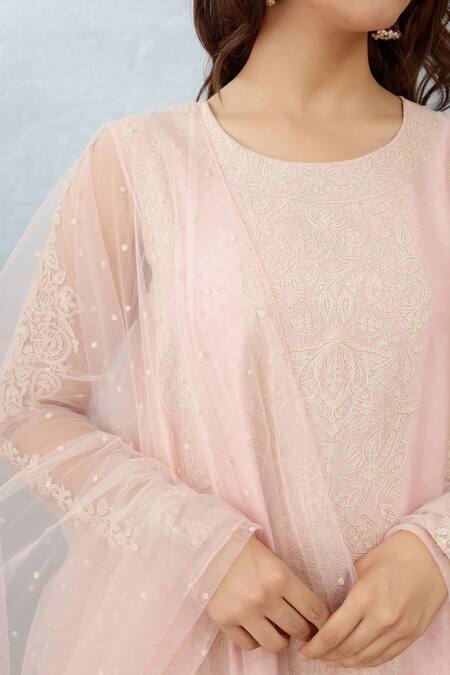 Shop_Torani_Pink Cotton Voile Dupatta Butterfly Net, Handwoven Kaner Aarna Ghera Set _Online_at_Aza_Fashions