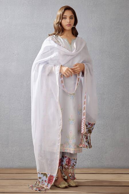 Torani_Blue Cotton Voile Dupatta Kota Cotton, Kurta And Pant Samsara Falgun Set _Online_at_Aza_Fashions