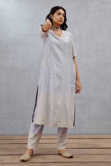 Torani_Blue Cotton , Dupatta Organza, Kurta And Pant Samsara Nitara Set _Online_at_Aza_Fashions
