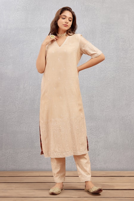 Torani_Beige Cotton , Dupatta Organza, Kurta And Pant Kasturi Nitara Set _Online_at_Aza_Fashions