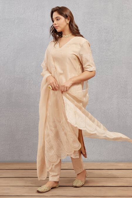 Buy_Torani_Beige Cotton , Dupatta Organza, Kurta And Pant Kasturi Nitara Set _Online_at_Aza_Fashions