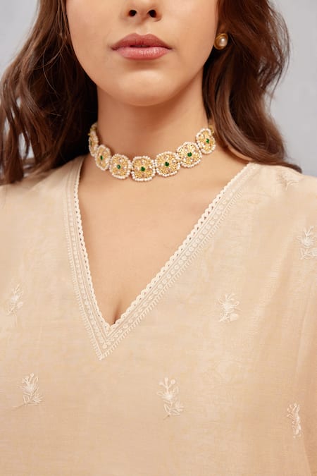 Shop_Torani_Beige Cotton , Dupatta Organza, Kurta And Pant Kasturi Nitara Set _Online_at_Aza_Fashions