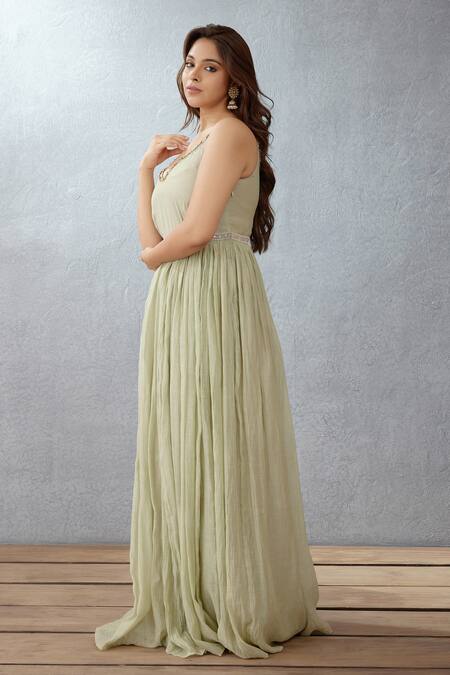 Shop Torani Green Jacket Silk Organza Ghera Handwoven Thin Chanderi Jaituni Balochi With Online at Aza Fashions Shop_Torani_Green Jacket Silk Organza Ghera Handwoven Thin Chanderi Jaituni Balochi With _Online_at_Aza_Fashions