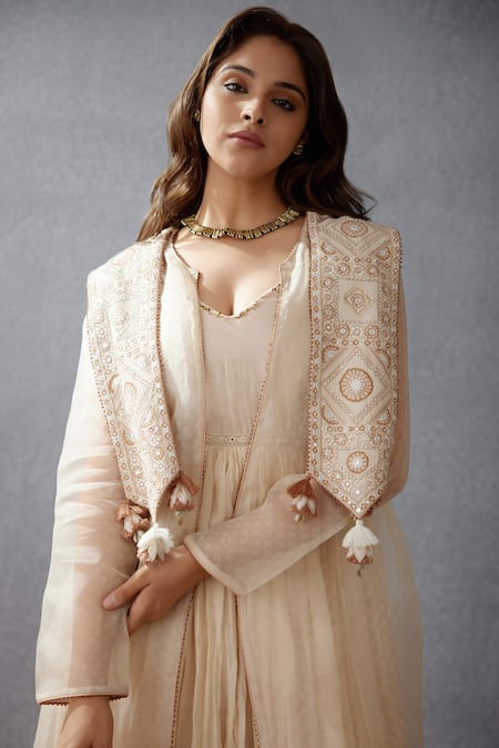 Torani_White Jacket Silk Organza Ghera Handwoven Thin Chanderi Kaner Balochi With _Online_at_Aza_Fashions