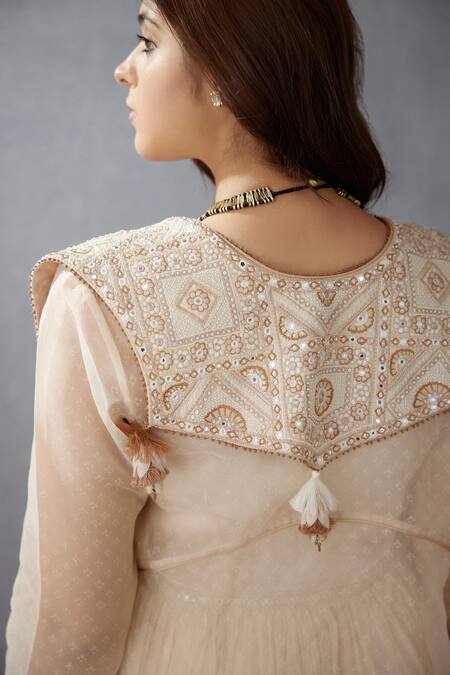 Buy_Torani_White Jacket Silk Organza Ghera Handwoven Thin Chanderi Kaner Balochi With _Online_at_Aza_Fashions