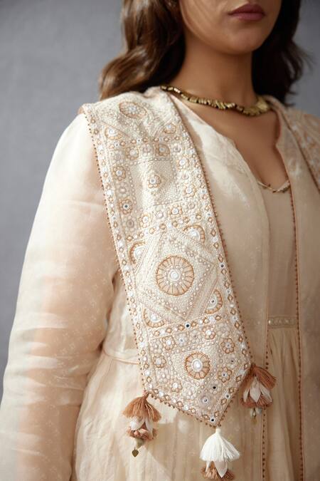 Shop_Torani_White Jacket Silk Organza Ghera Handwoven Thin Chanderi Kaner Balochi With _Online_at_Aza_Fashions