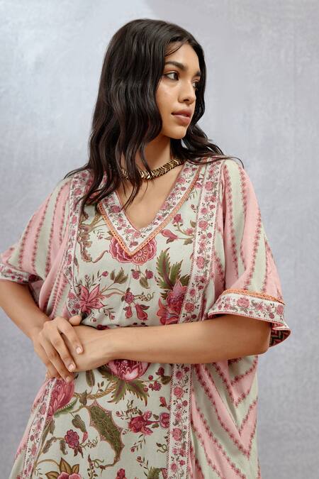 Torani_Green Cotton Silk, Handwoven Thin Chanderi Chintz V Jaituni Ishana Print Ghera _Online_at_Aza_Fashions