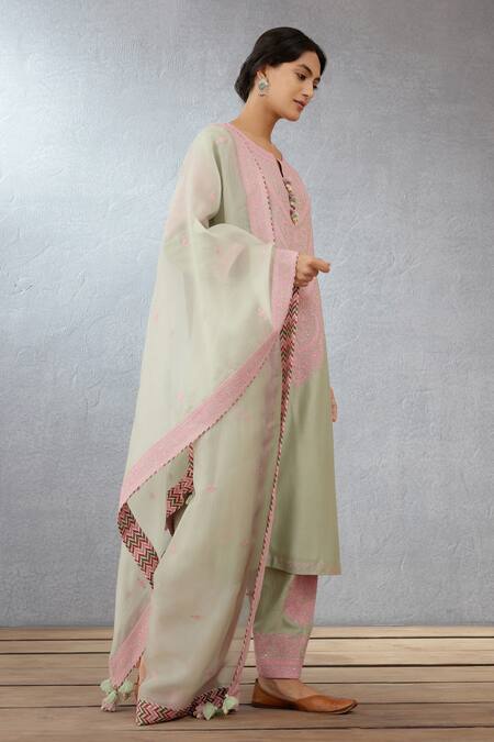 Torani_Green Cotton Voile Salwar Handwoven Chanderi Dupatta Silk Kaner Revaa Set _Online_at_Aza_Fashions