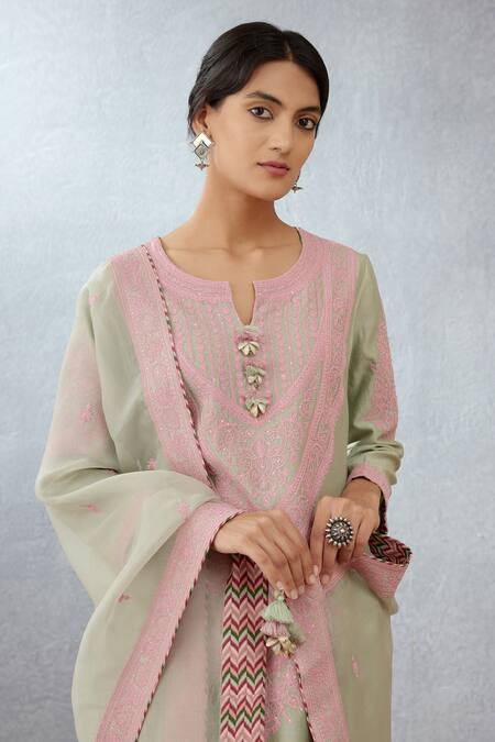 Buy_Torani_Green Cotton Voile Salwar Handwoven Chanderi Dupatta Silk Kaner Revaa Set _Online_at_Aza_Fashions