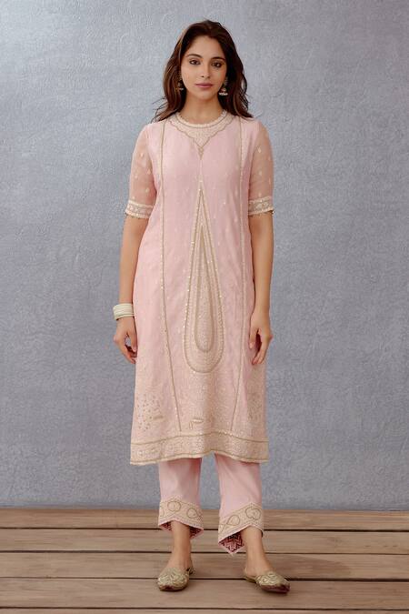 Torani_Pink Voile, Dupatta Kota, Kurta Kaner Ojal Embroidered Set _Online_at_Aza_Fashions