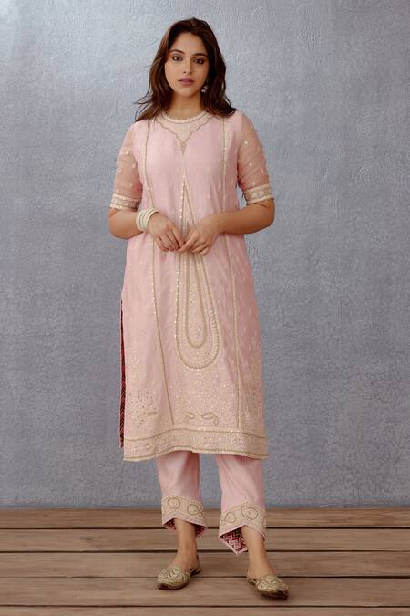 Buy_Torani_Pink Voile, Dupatta Kota, Kurta Kaner Ojal Embroidered Set _Online_at_Aza_Fashions