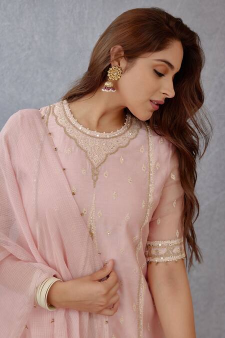 Shop_Torani_Pink Voile, Dupatta Kota, Kurta Kaner Ojal Embroidered Set _Online_at_Aza_Fashions