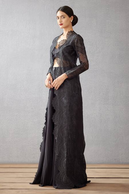 Buy_Torani_Black Jacket Organza Bralette And Sharara Shab Mehreen Chogha Set _Online_at_Aza_Fashions