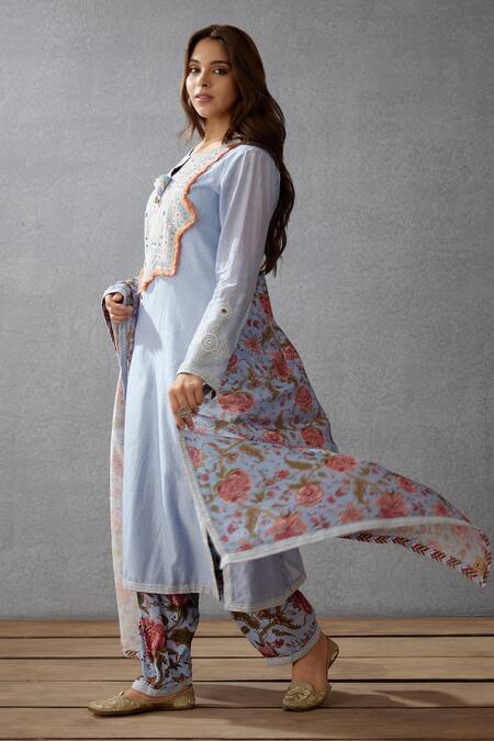 Buy_Torani_Blue Cotton Voile, Kurta Handwoven Chanderi, Salwar And Samsara Paakizah Set _Online_at_Aza_Fashions