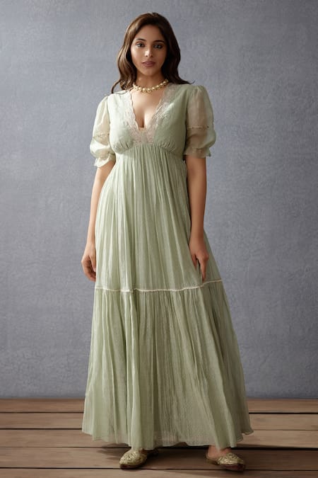 Torani Green Handwoven Thin Chanderi Polka Dot V Neck Jaituni Seher Printed Ghera