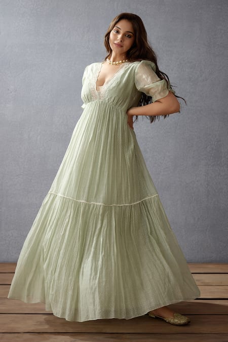 Torani_Green Handwoven Thin Chanderi Polka Dot V Neck Jaituni Seher Printed Ghera _Online_at_Aza_Fashions