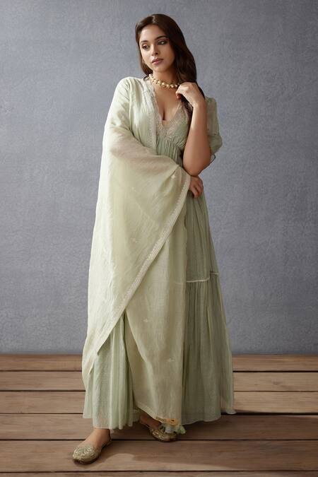 Buy_Torani_Green Handwoven Thin Chanderi Polka Dot V Neck Jaituni Seher Printed Ghera _Online_at_Aza_Fashions