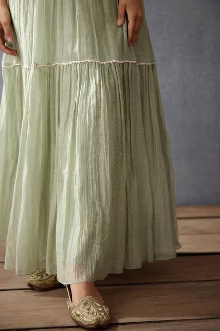 Torani_Green Handwoven Thin Chanderi Polka Dot V Neck Jaituni Seher Printed Ghera _at_Aza_Fashions