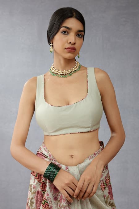 Torani Green Handwoven Chanderi Plain Scoop U Neck Jaituni Niya Blouse