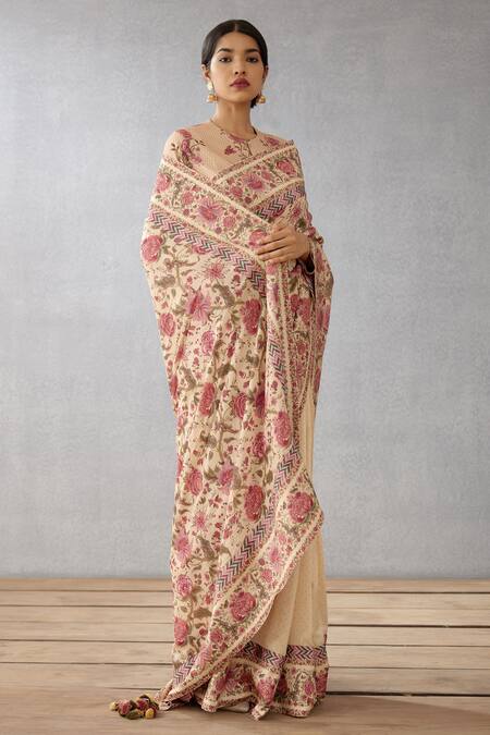 Torani_Beige Handwoven Chanderi Chintz Kasturi Niya Print Saree _Online_at_Aza_Fashions