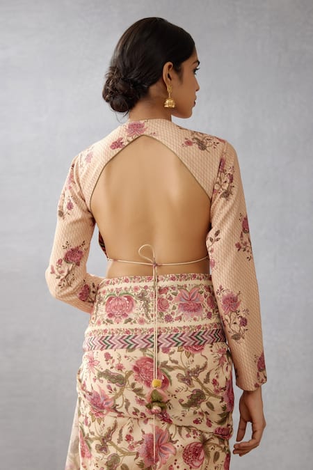 Shop_Torani_Beige Cotton Silk Printed Chintz Keyhole Kasturi Yuvani Blouse _at_Aza_Fashions