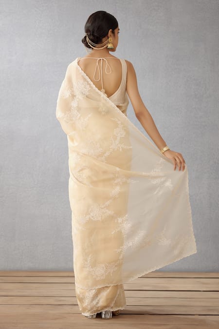 Shop_Torani_Beige Silk Organza Aari Work Kasturi Davya Saree _at_Aza_Fashions