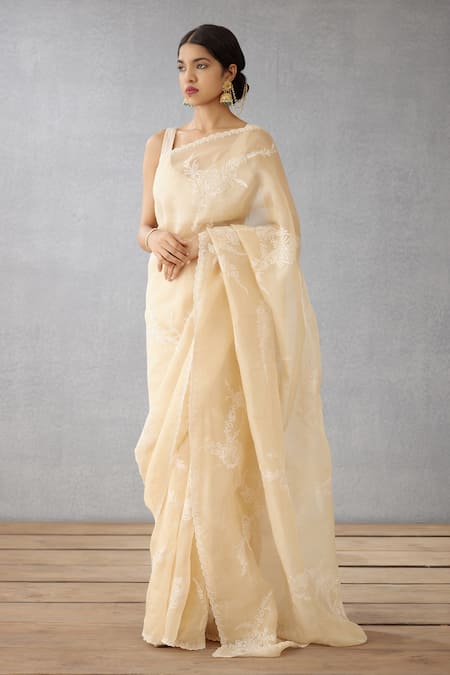 Torani_Beige Silk Organza Aari Work Kasturi Davya Saree _Online_at_Aza_Fashions