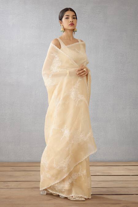 Buy_Torani_Beige Silk Organza Aari Work Kasturi Davya Saree _Online_at_Aza_Fashions