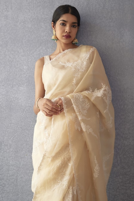 Shop_Torani_Beige Silk Organza Aari Work Kasturi Davya Saree _Online_at_Aza_Fashions