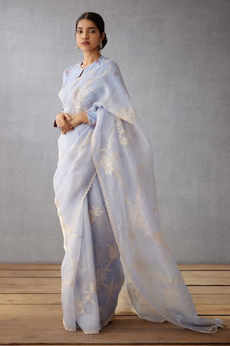 Torani_Blue Silk Organza Aari Work Samsara Davya Saree _Online_at_Aza_Fashions