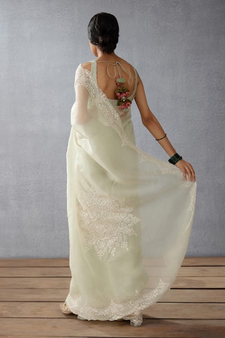 Shop Torani Green Silk Organza Aari Work Jaituni Yuvani Saree at Aza Fashions Shop_Torani_Green Silk Organza Aari Work Jaituni Yuvani Saree _at_Aza_Fashions
