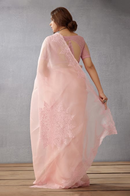 Shop Torani Pink Silk Organza Aari Work Kaner Yuvani Saree at Aza Fashions Shop_Torani_Pink Silk Organza Aari Work Kaner Yuvani Saree _at_Aza_Fashions
