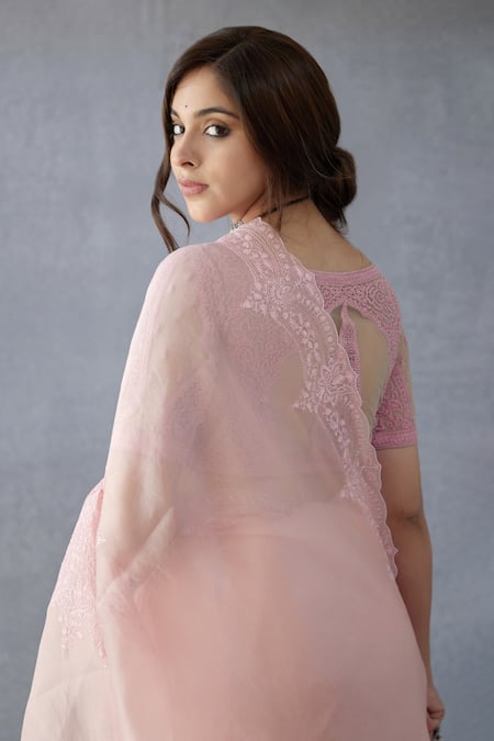 Shop Torani Pink Silk Organza Aari Work Kaner Yuvani Saree Online at Aza Fashions Shop_Torani_Pink Silk Organza Aari Work Kaner Yuvani Saree _Online_at_Aza_Fashions