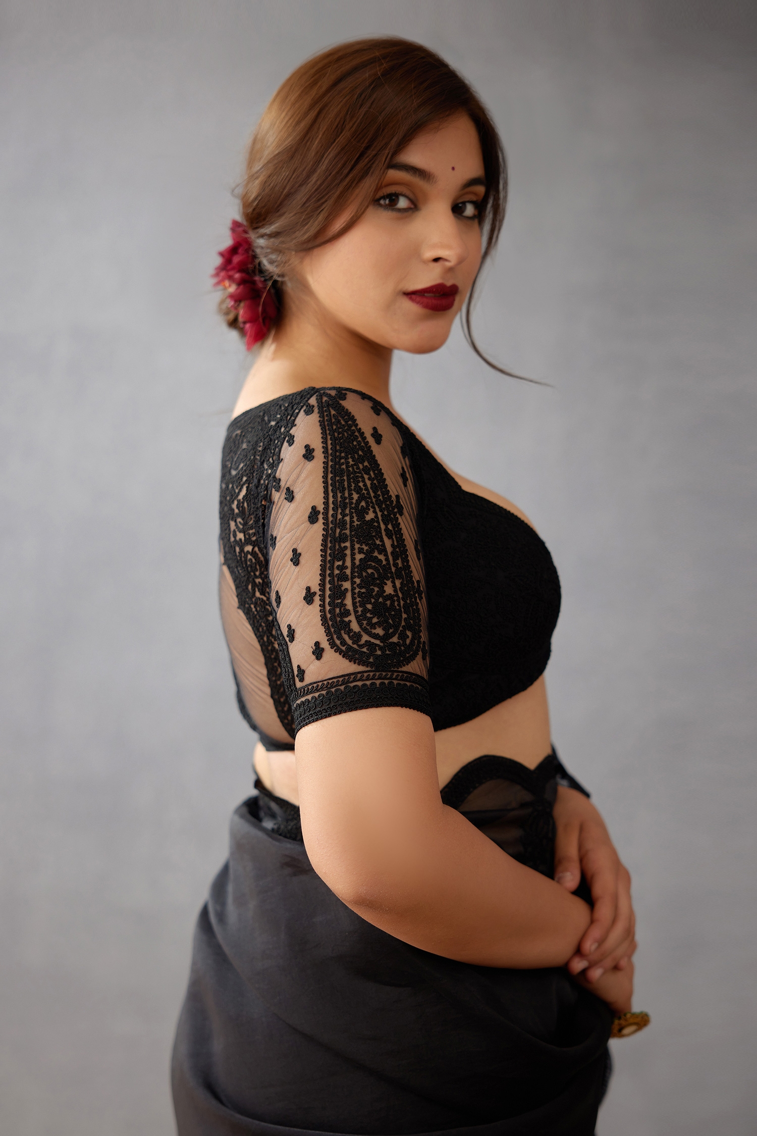 Torani_Black Butterfly Net Dori Work Sweetheart Neck Shab Geetika Embroidered Blouse _Online_at_Aza_Fashions