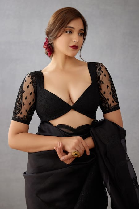 Shop_Torani_Black Butterfly Net Dori Work Sweetheart Neck Shab Geetika Embroidered Blouse _Online_at_Aza_Fashions