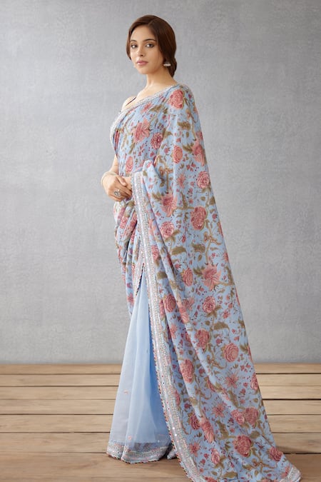 Torani_Blue Silk Organza, Handwoven Chanderi Adda Work, Chintz Samsara Revathi Saree _Online_at_Aza_Fashions