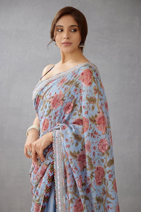 Buy_Torani_Blue Silk Organza, Handwoven Chanderi Adda Work, Chintz Samsara Revathi Saree _Online_at_Aza_Fashions