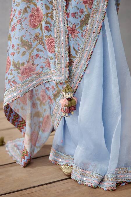 Torani_Blue Silk Organza, Handwoven Chanderi Adda Work, Chintz Samsara Revathi Saree _at_Aza_Fashions